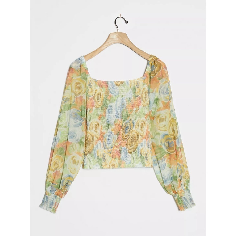 Anthropologie Blouse Rouen Top Smocked Long Sleeve Sheer Floral Yellow Sz S